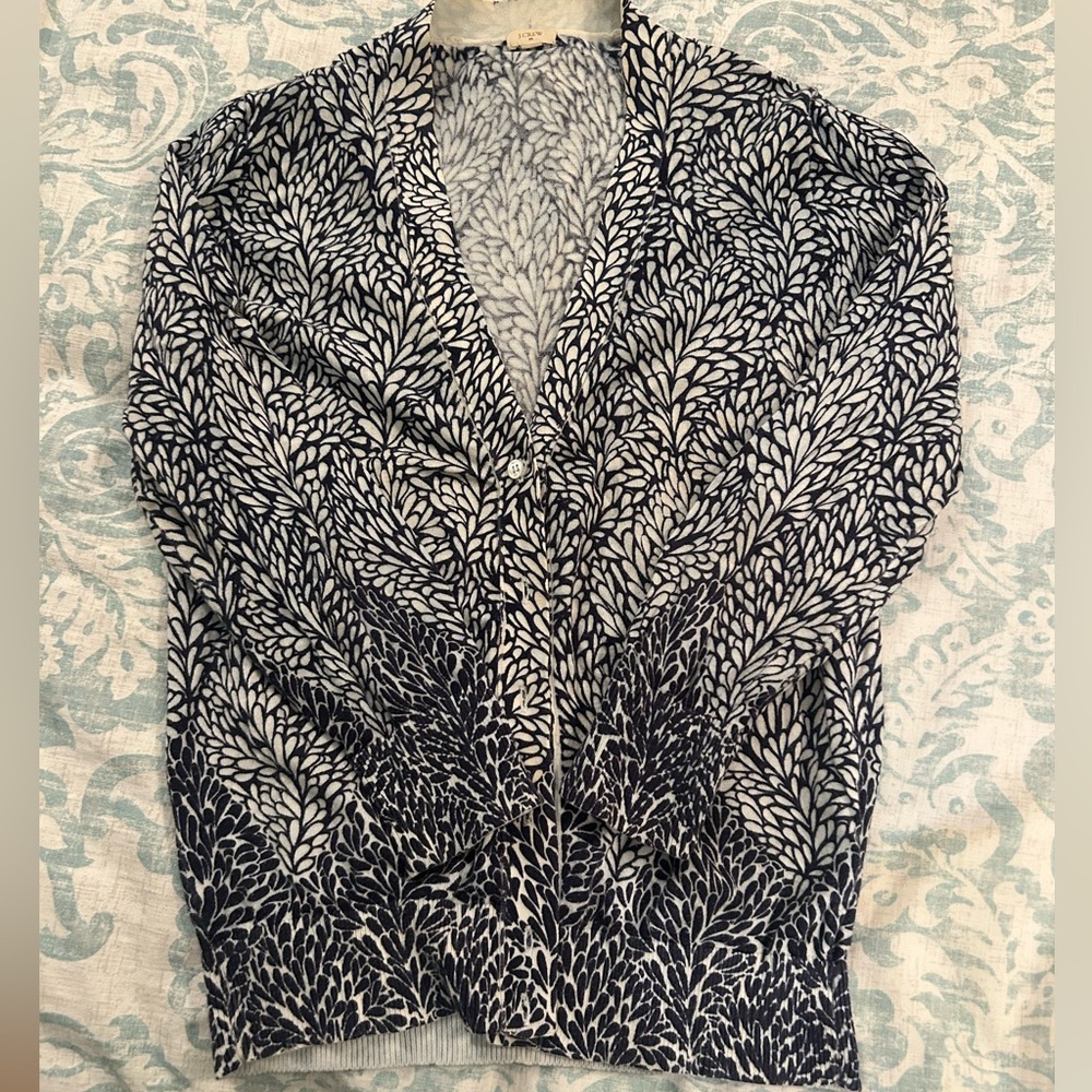 J. Crew Navy and White Leaf Pattern Cardigan